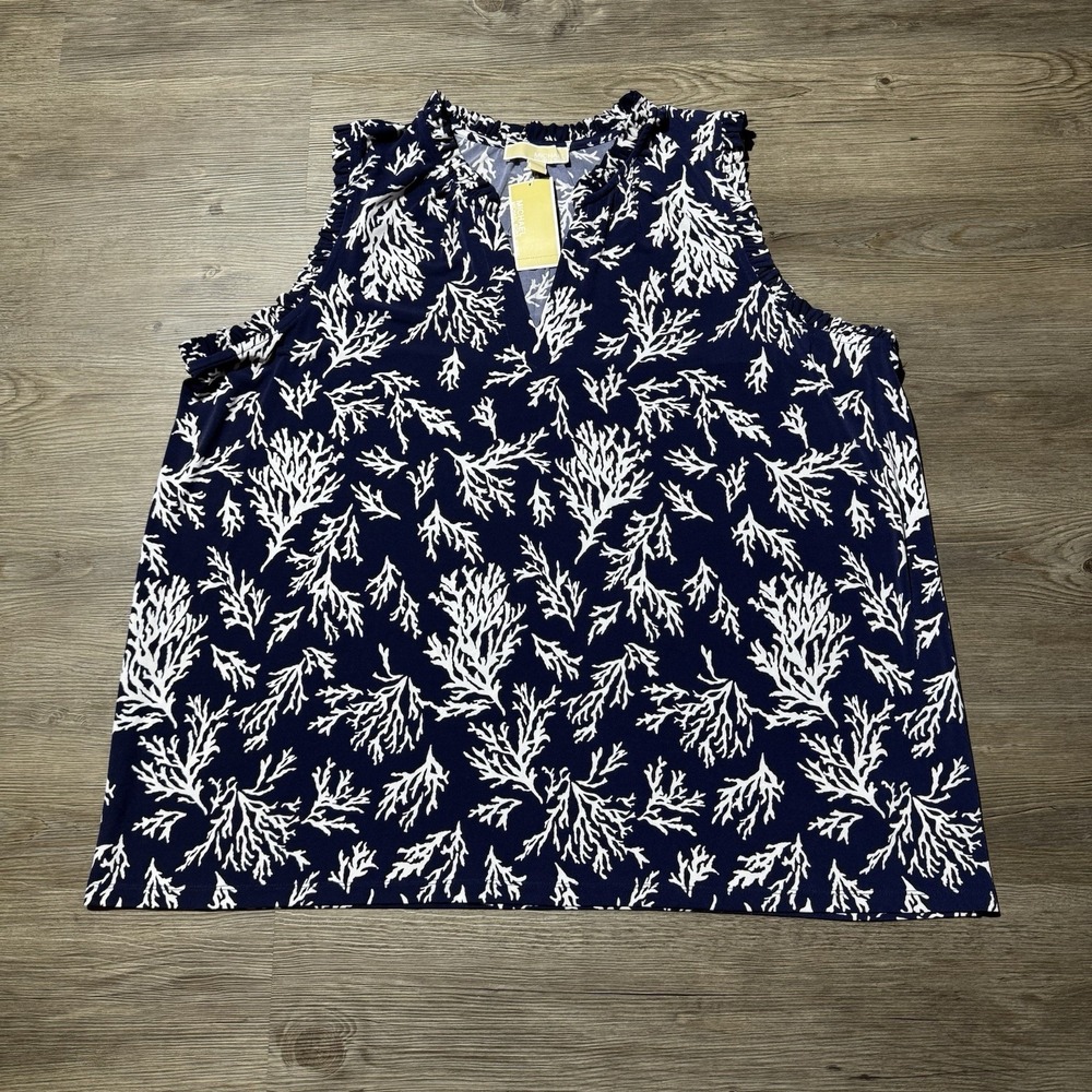 NWT Michael Kors Women's 3X Navy White Coral Print Sleeveless Split Neck Blouse